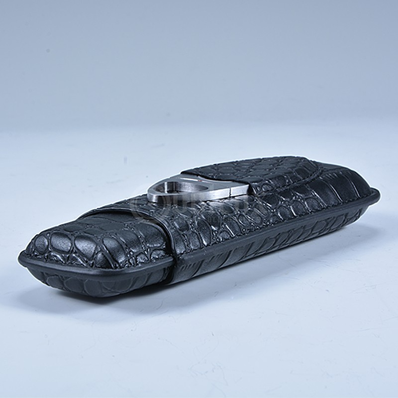 Wholesale good quality black genuine leather cigar case with cutter 7