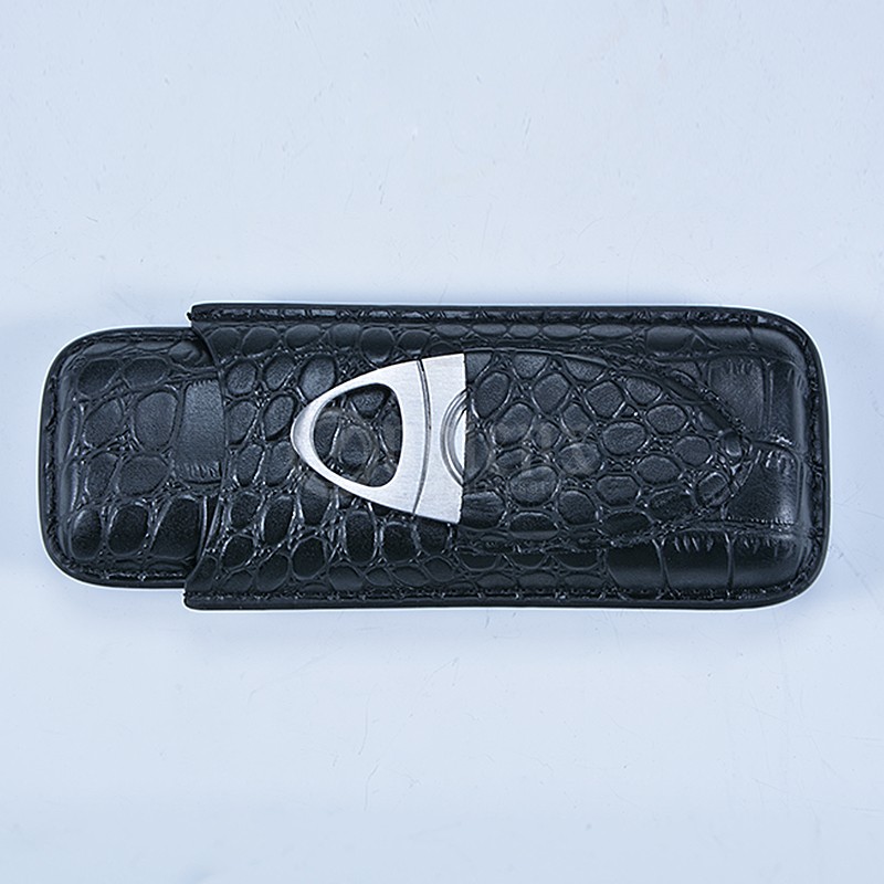 Wholesale good quality black genuine leather cigar case with cutter 5