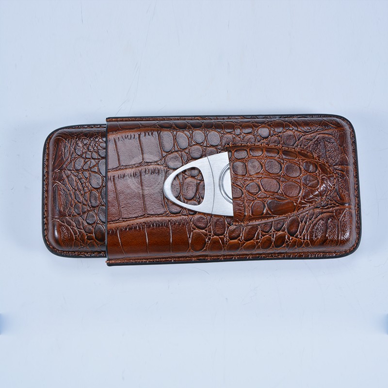 Custom Flask Antique PU Leather Cigar Case With Cutter 7