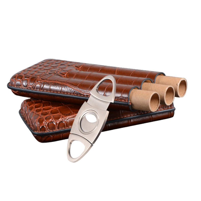 Custom Flask Antique PU Leather Cigar Case With Cutter