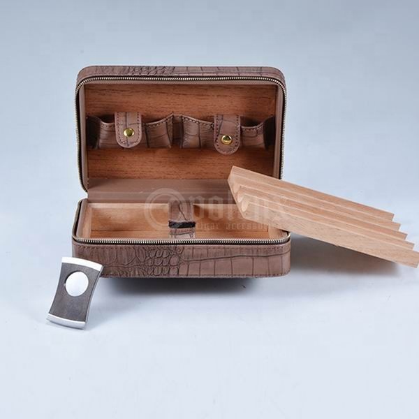 1pc Cedar Tray Zipper Cigar Case Brown Leather with Cigar Accessories