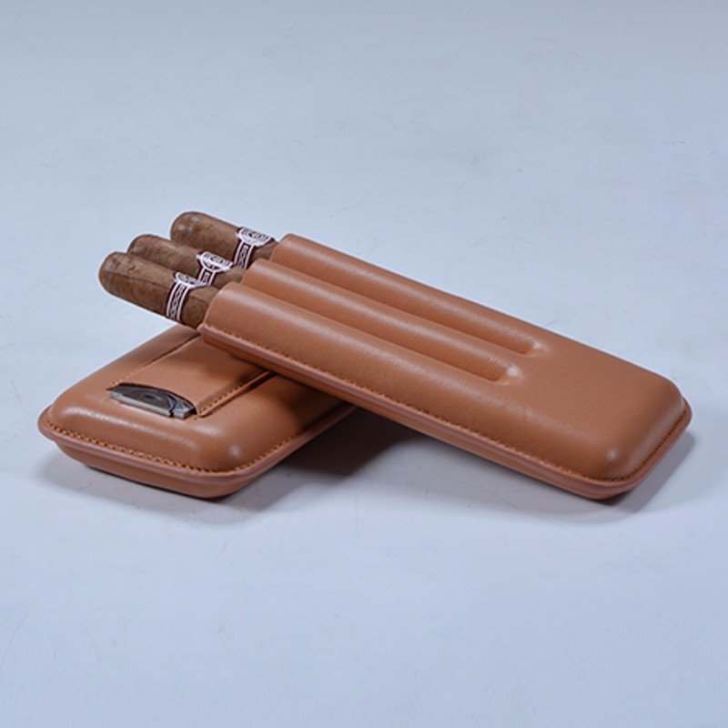 Wholesale 2 CT crushproof leather travel cigar case with cutter 15