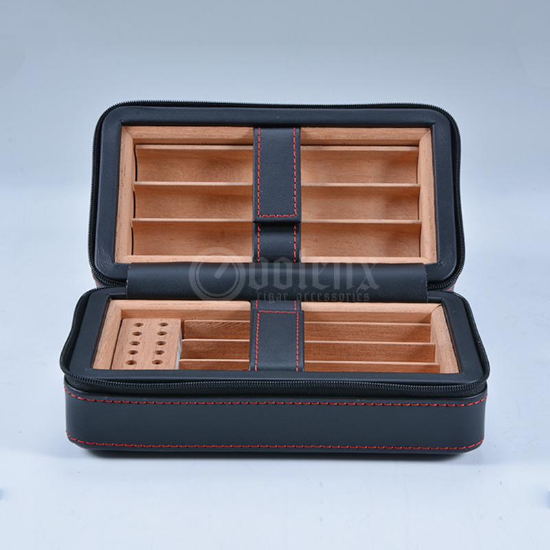 Promotional genuine leather box 6CT cedar wood travel cigar case 10