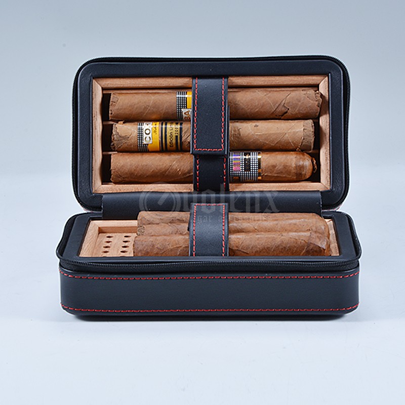 6 Cigars Black Shine PU Leather Cigar Case Factory Wholesale Travel Cigar Case 5