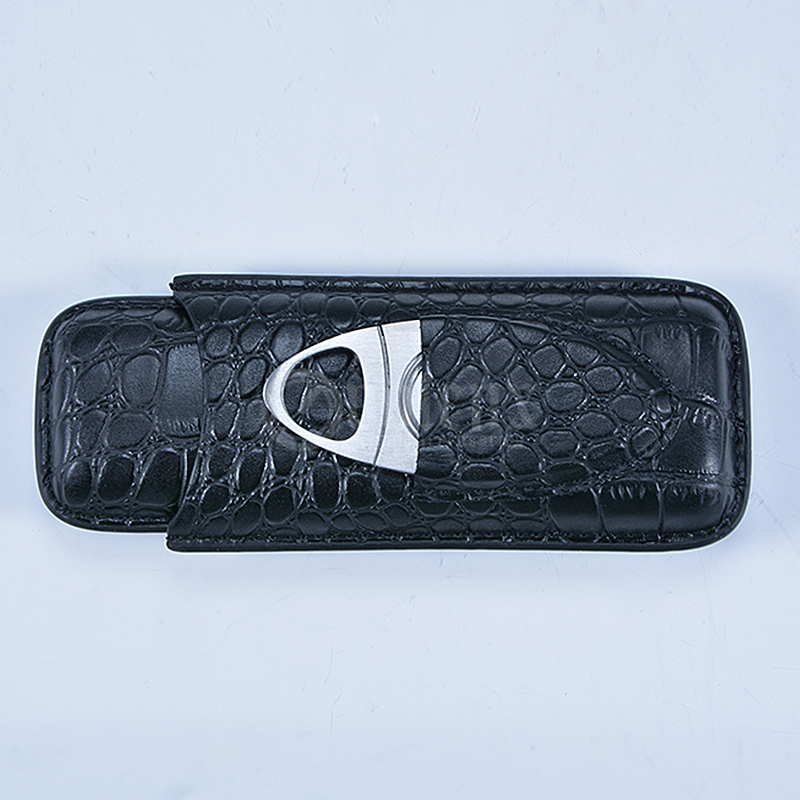 Wholesale cutome logo black leather cigar case with cigar cutter 3