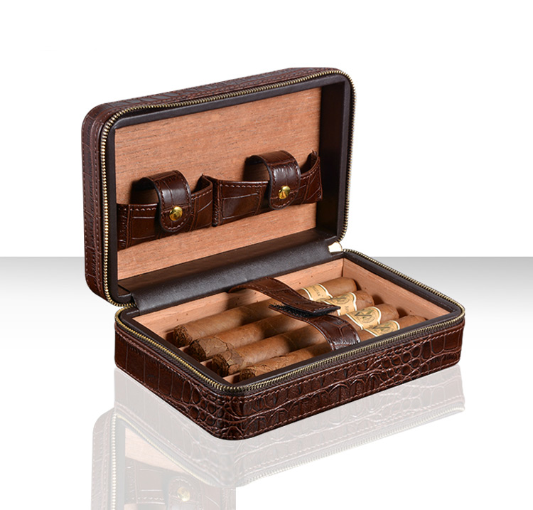 One side Zipper Leather Smoke Gift Set, Crocodile Leather Cigar Case and Cigar Accessory