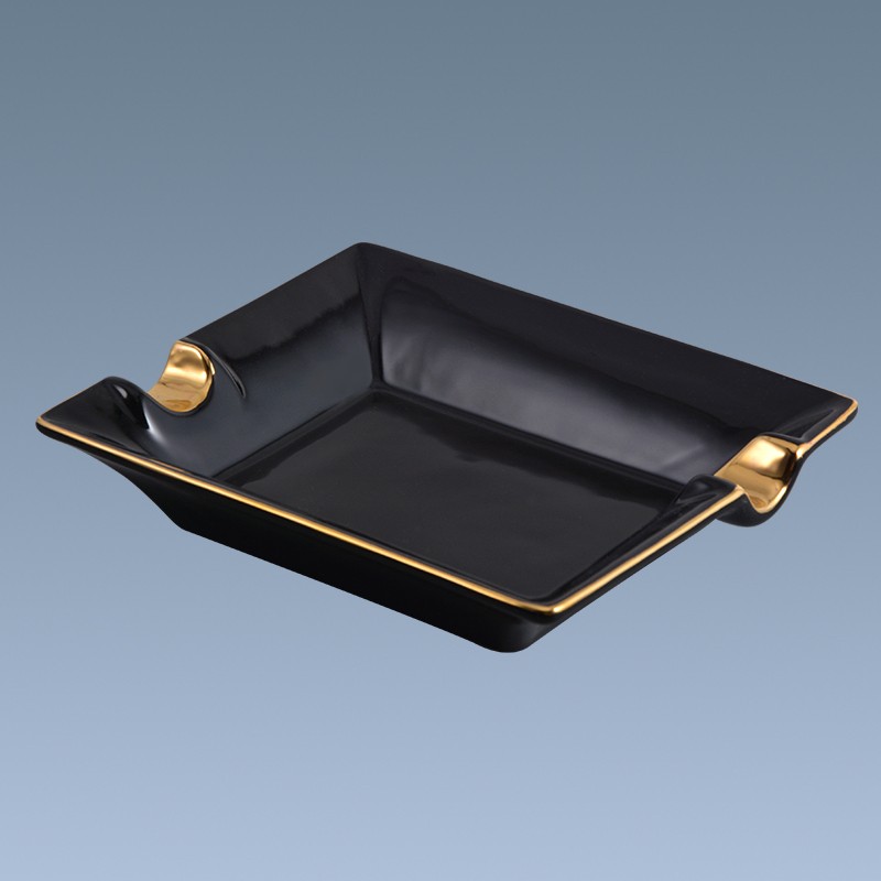 Wholesale OEM pure black gold edge ceramic cigar ashtray 3
