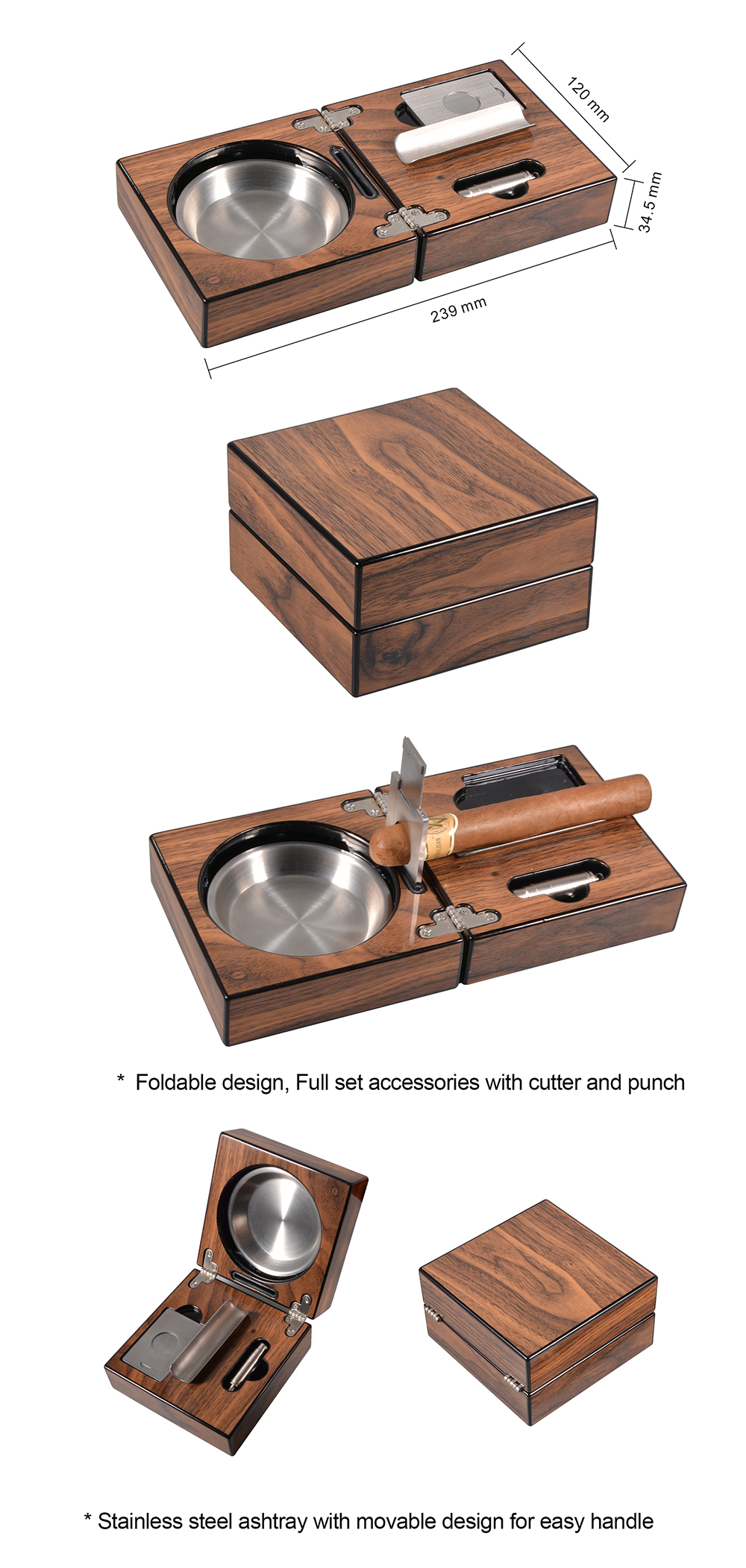 Folding Square Wood Table Cigar Ashtray Antique Style With Cutter Smoking Accessories Set