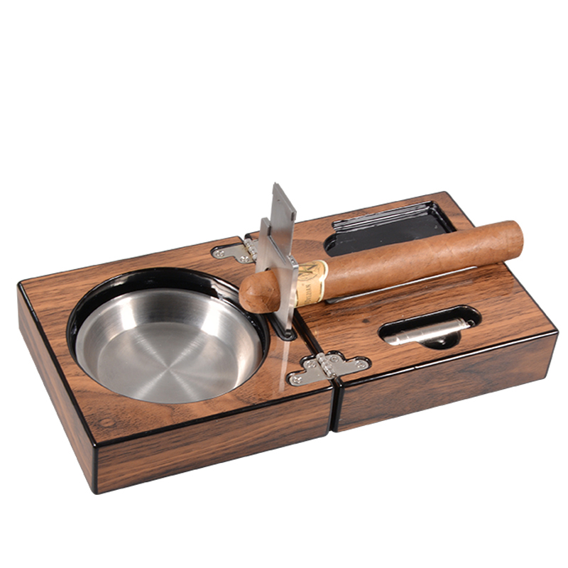 Folding Square Wood Table Cigar Ashtray Antique Style With Cutter Smoking Accessories Set 3