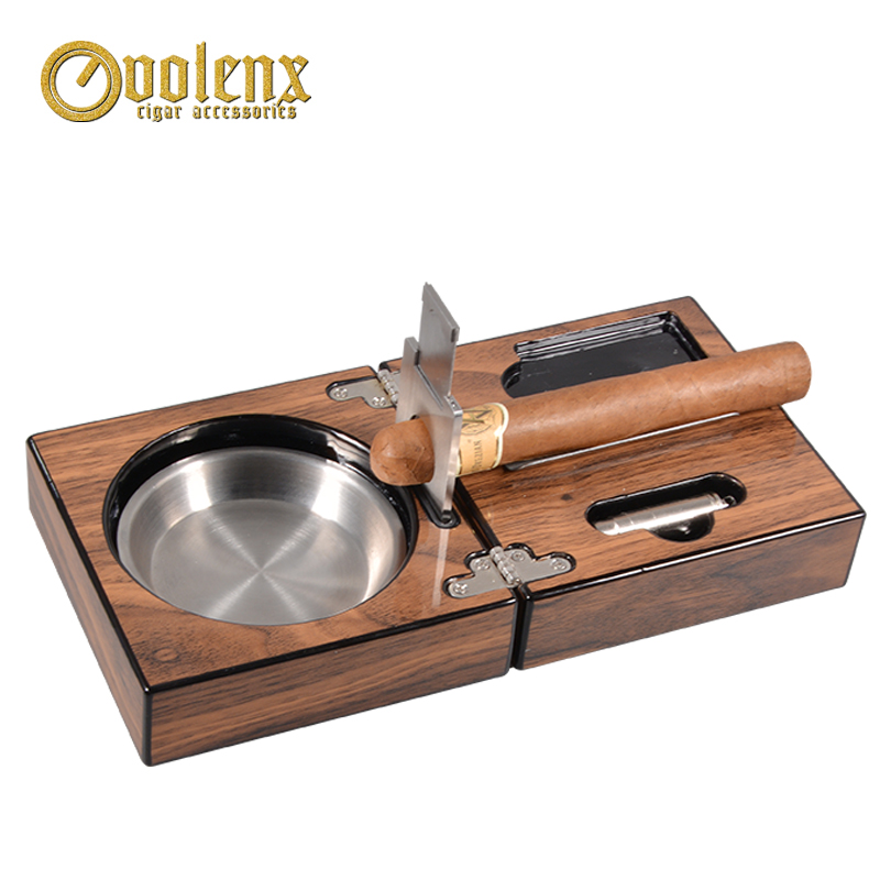 Hotsale ashtray with lighter and cutter wooden cigar ashtray 2