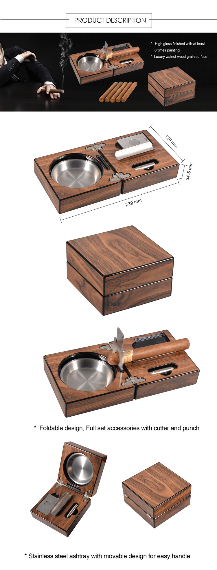 Custom Portable Walnut Wooden Folding Cigar Ash Tray Kit 3