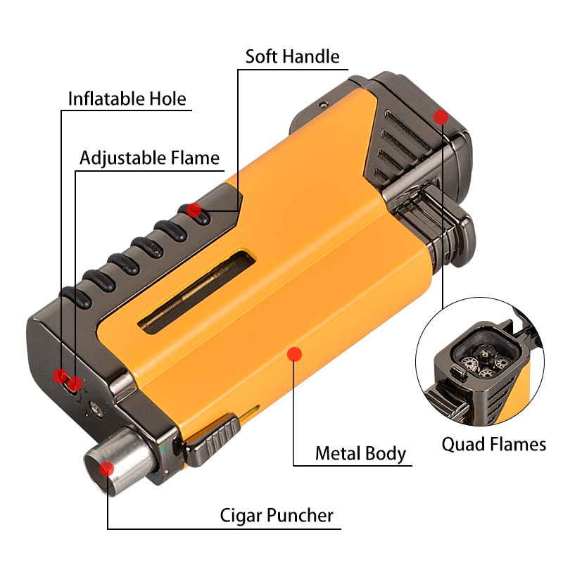 New Design Silver Gas Cigar Lighter Quadruple Torch Punch 7