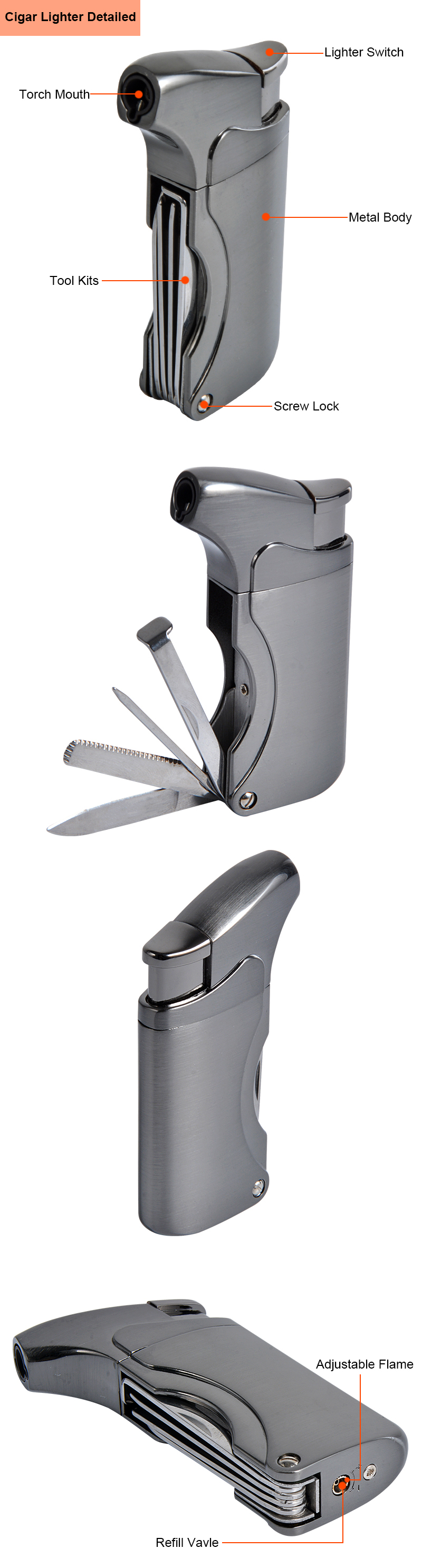 Custom Metal Single Jet Flame Cigar Lighter with Tool Kit Manufacturer