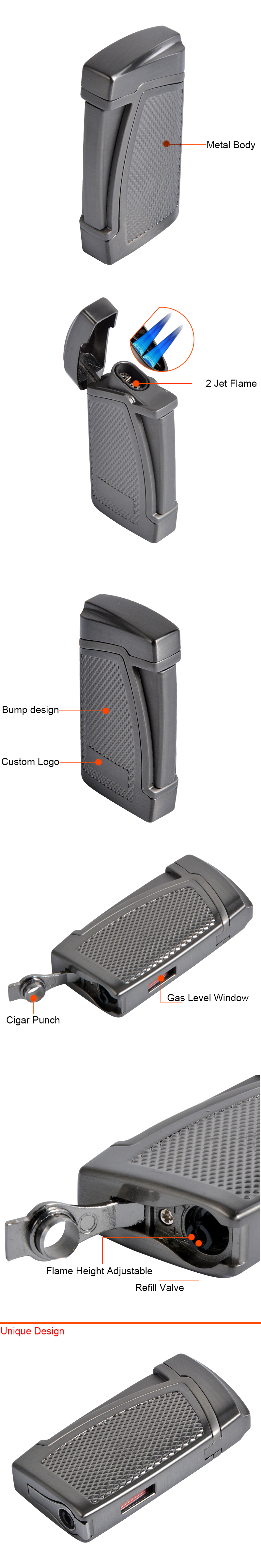Custom Logo 2 Jet Flame Butane Refillable Cigar Lighter with Punch