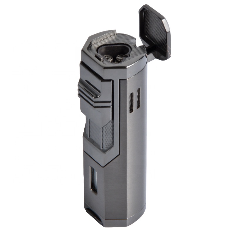 Custom Logo Metal Body Windproof Triple Torch Cigar Lighter with Punch