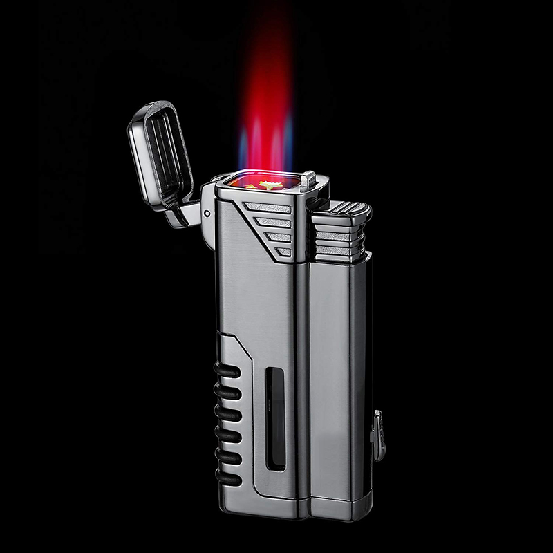 Custom Logo Quad Jet Flame Windproof Torch Cigar Lighter with Punch 4