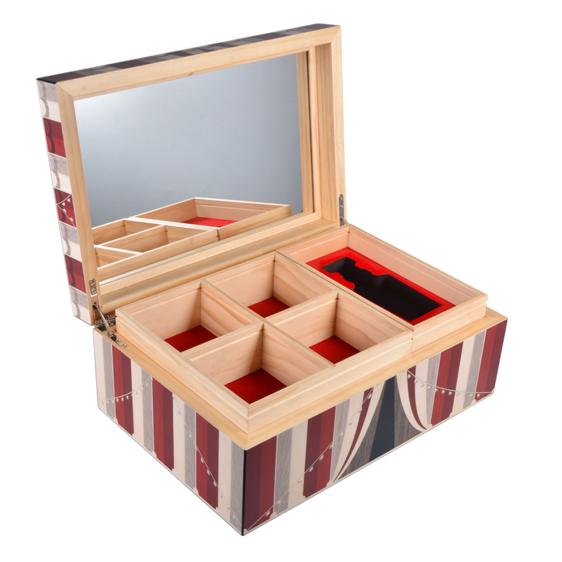 Custom photopaper matt pine wood jewelry storage box with mirror 7