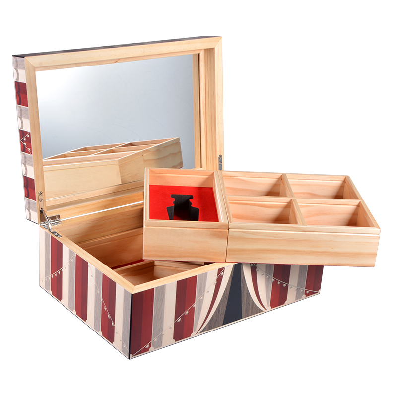 Custom photopaper matt pine wood jewelry storage box with mirror 9