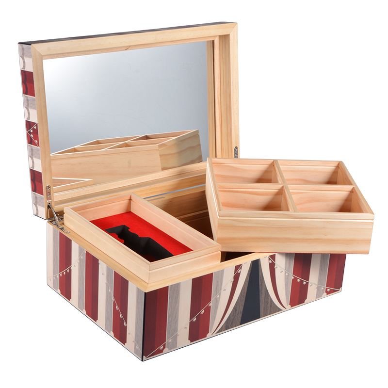 Custom photopaper matt pine wood jewelry storage box with mirror 11