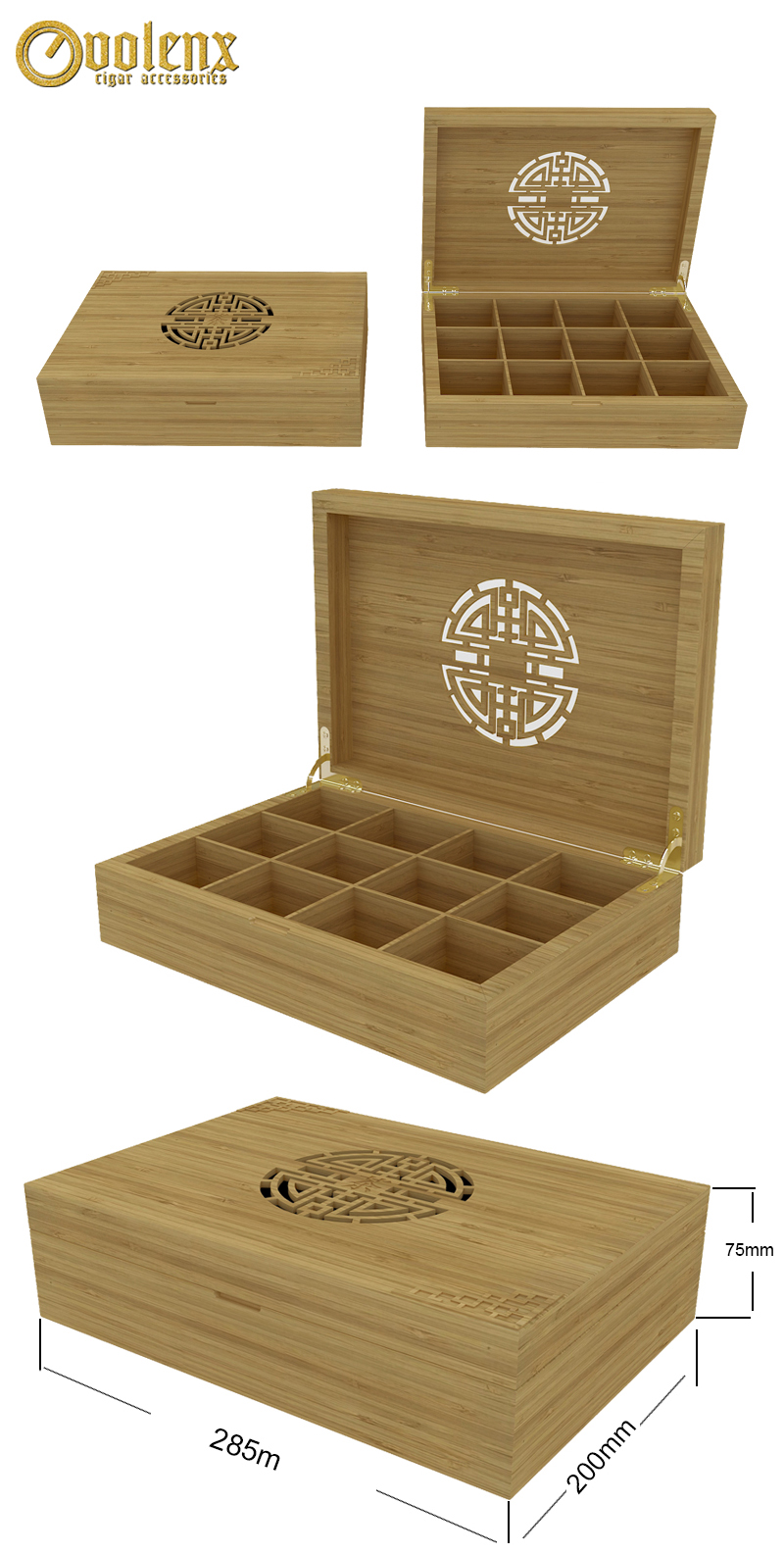 Customized logo and package bamboo 12 compartments antique square wooden tea box 4