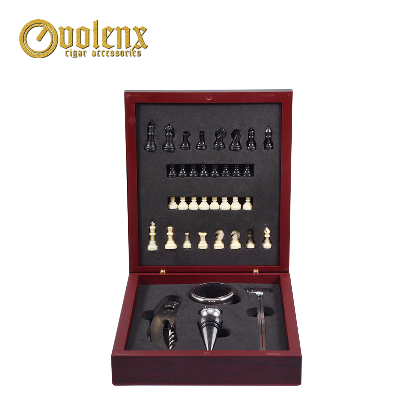 Wholesale luxury stainless steel wine set wood box with chess 3