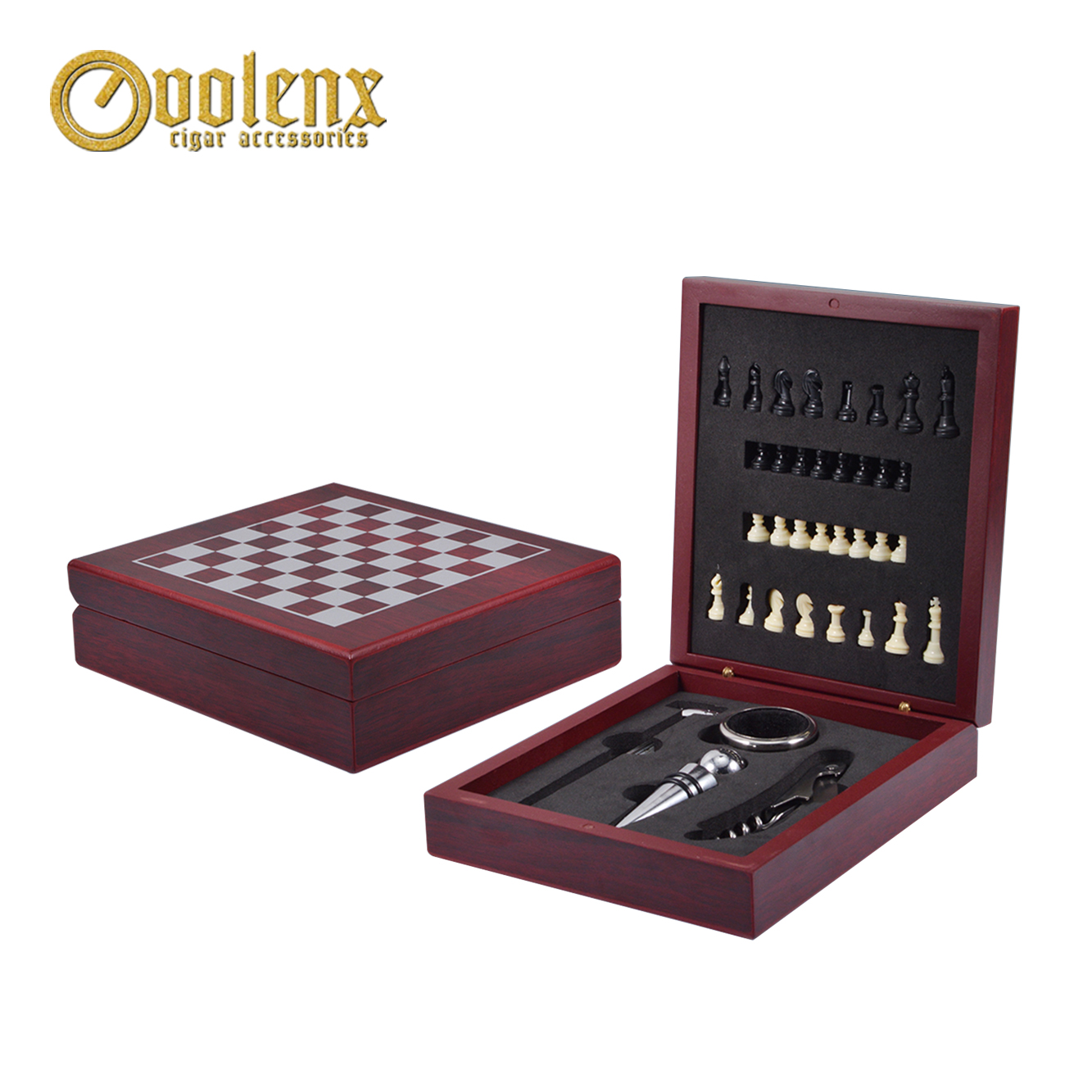 Wholesale luxury stainless steel wine set wood box with chess