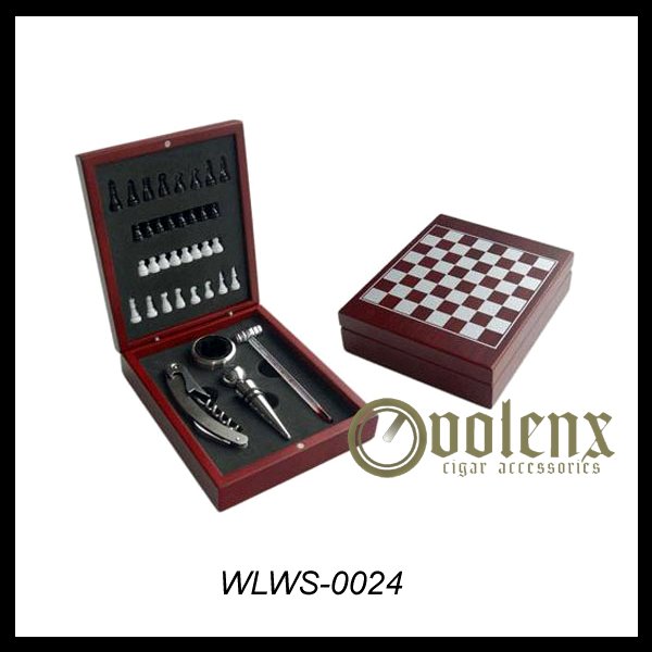 Premium engraved logo chessboard wooden box wine opener set
