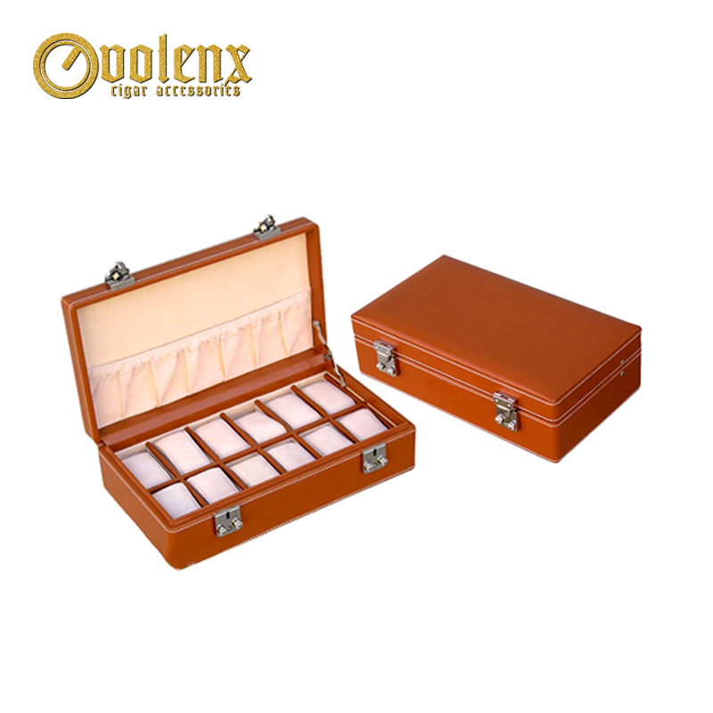 High Quality Genuine Brown Leather Watch Packaging Box 12 Slots