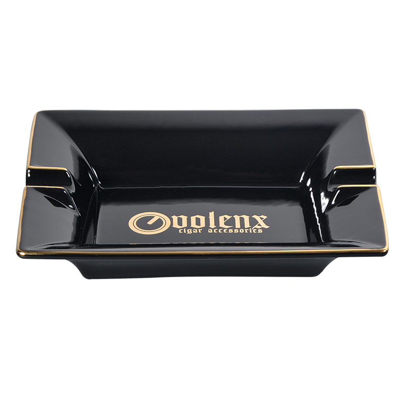 Factory portable black glazed rectangular gold foil rim decal wholesale  ceramic cigarette cigar ashtray with custom logo 5