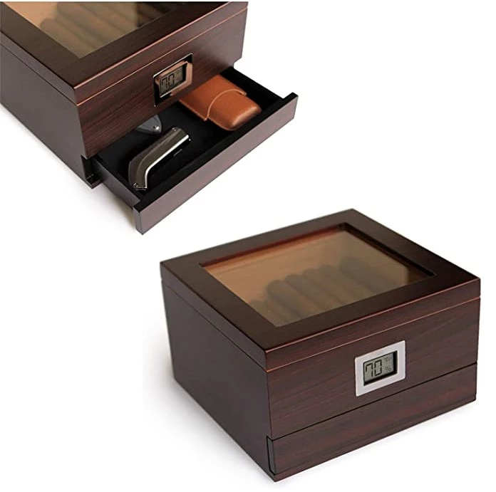 Hot selling Glass Top Handcrafted Cedar Wood Cigar Humidor Box with Drawer 8