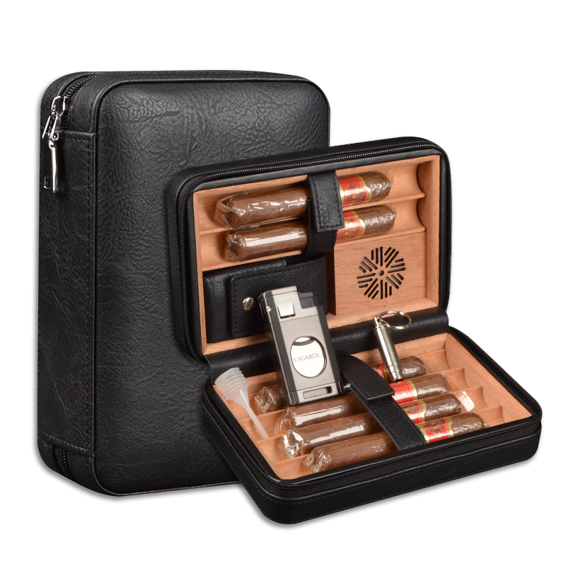 Leather Cigar Humidor Set Cedar Wood Cigar Humidifier