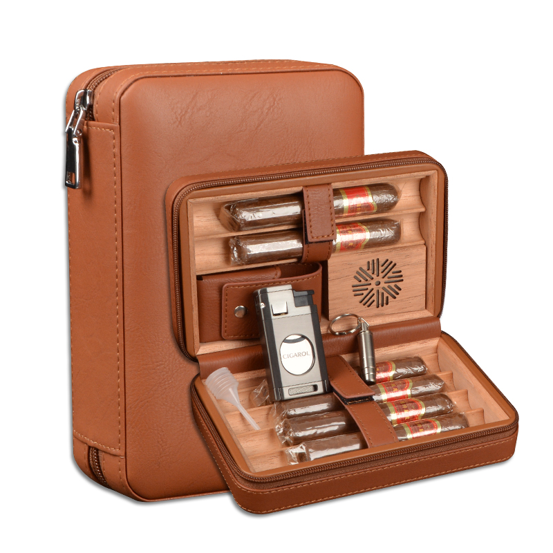Cigar Travel Humidor Cedar Wood Leather Cigar Case