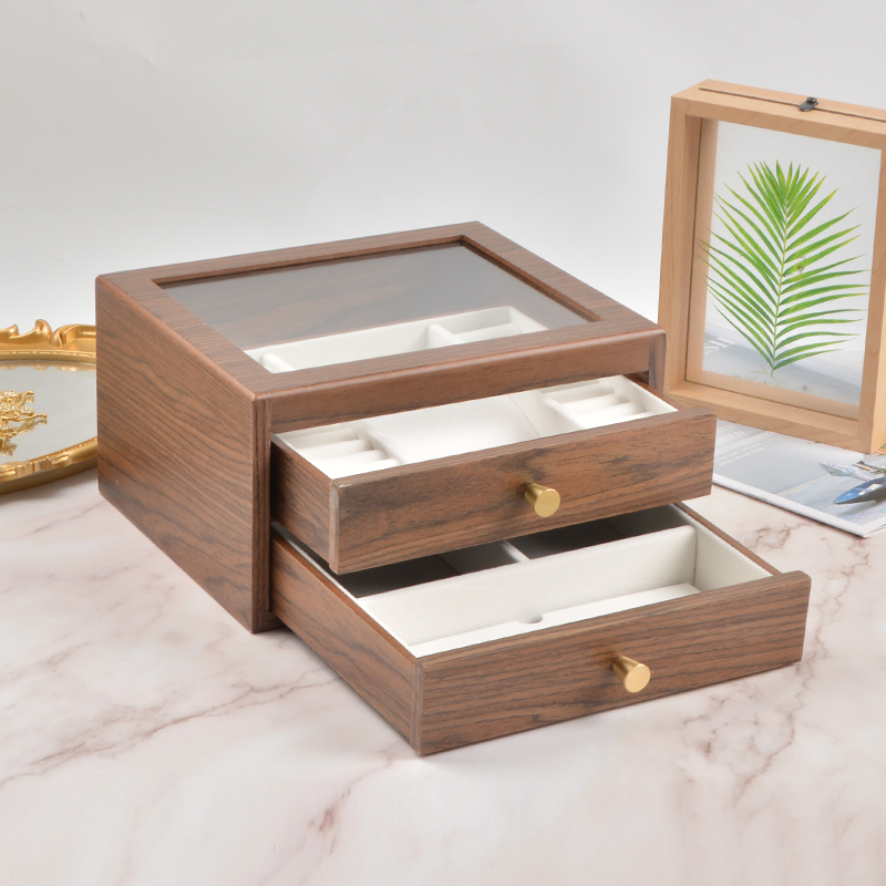 Glass Pull-out Wooden Jewel Box Velvet Storage Box