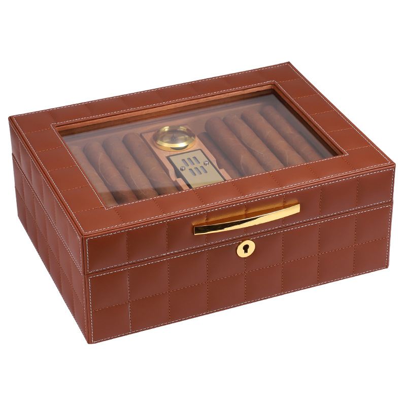 PU Leather Wooden  Cigar Humidor Transparent Cigar Box