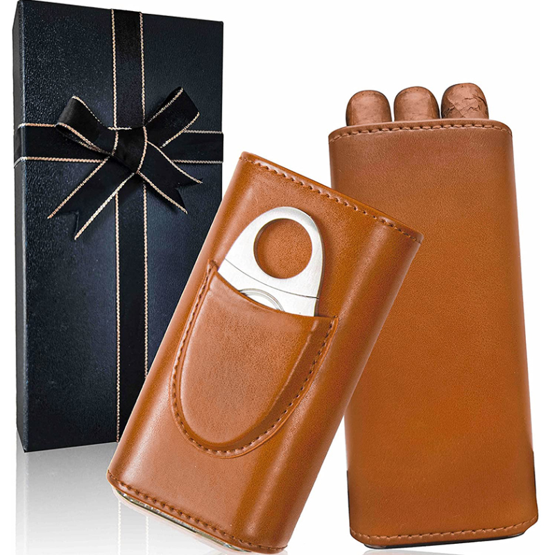Premium 3- Finger Leather Travel Cigar Cases