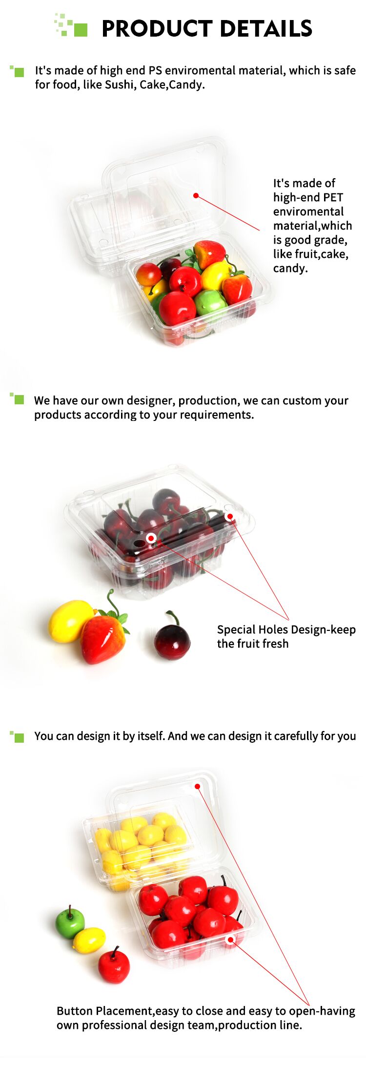 Transparent Custom Plastic Food Fruit Packaging Blister Tray  with Lid for Fruit and Vegetable