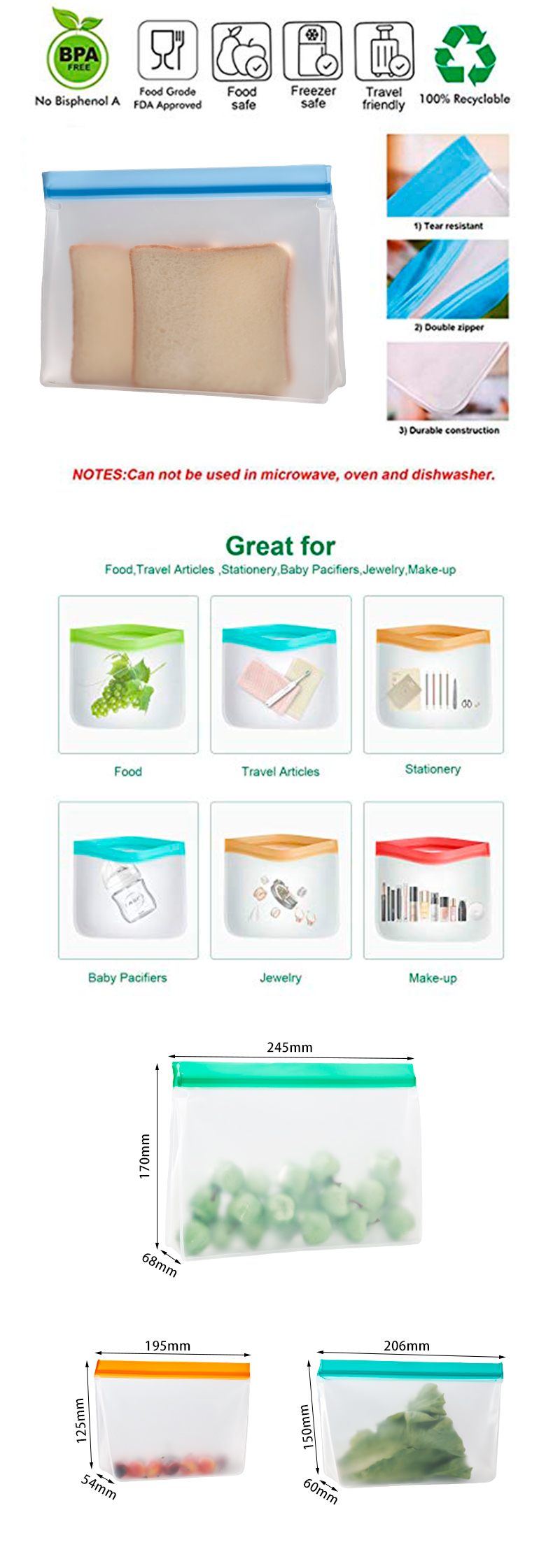 Reusable Eco Friendly Peva Silicone Sandwich Reusable Food Storage Ziplock Bag