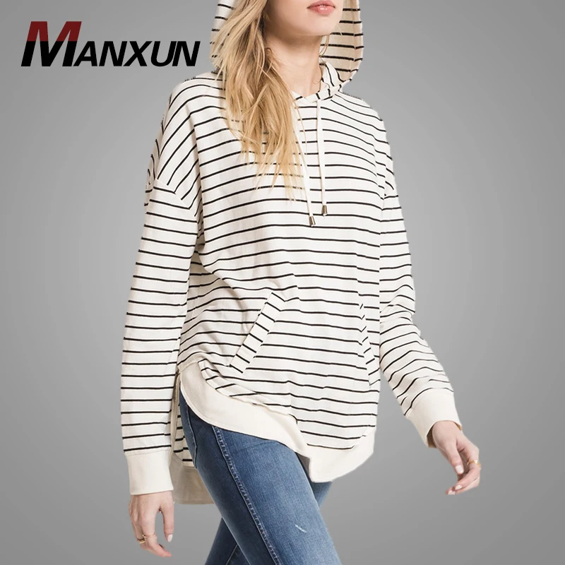 Wholesale Black and White Stripe Pullover Women Hoodie Thin Oversize Hoodie for Women