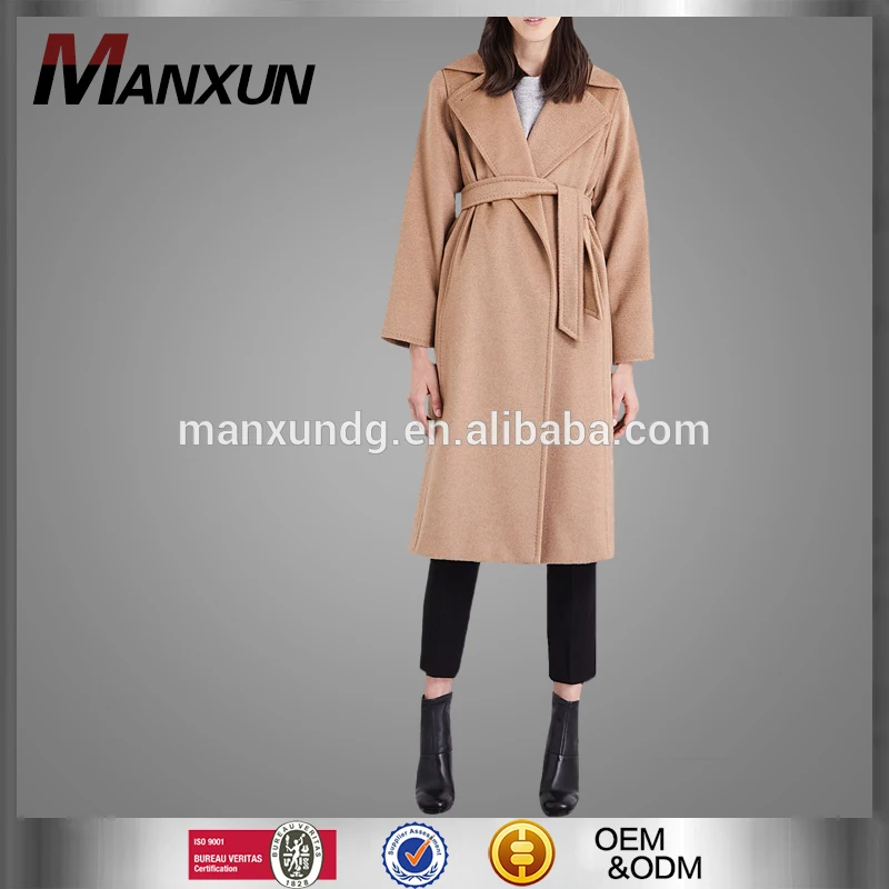 Newest Design Winter Women Long Sleeve Wool Coat Simple Plain Color Long Stretch Overcoat With Belt