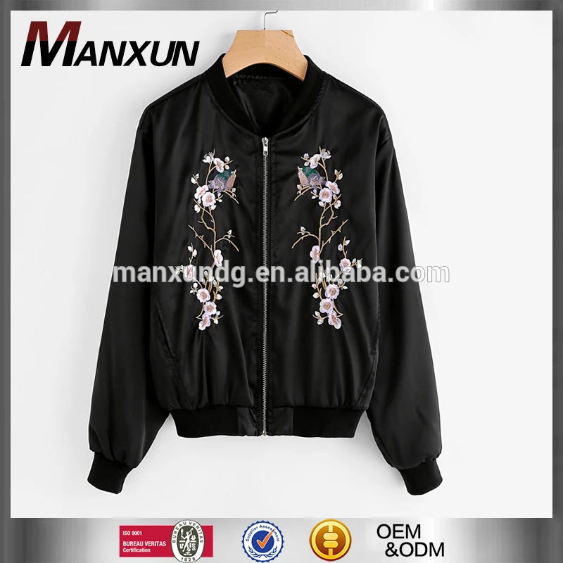 Fashion Clothing 2017 Ribbed Trim Jackets For Women Satin Embroidered Jacket