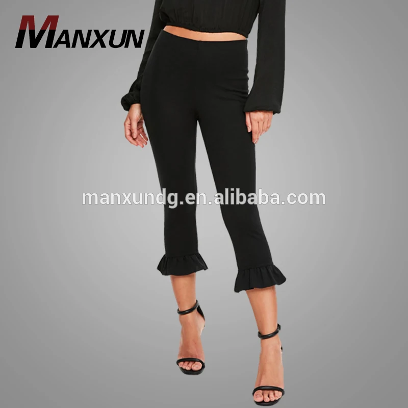 Custom Active Black Frill Hem Black Bottoms Leggings Pants Slim Stretch Fitness Leggers For Women
