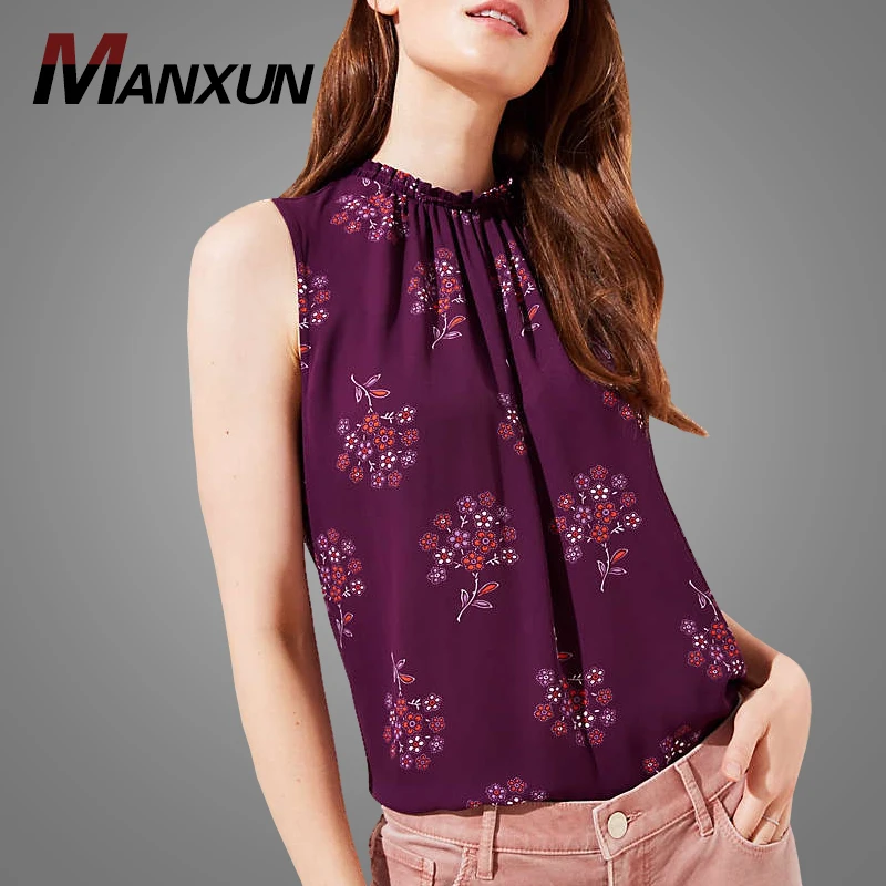 2018 New Fashion Design Women Sexy Sleeveless Blouse Tops  Casual summer Floral Printed Chiffon Blouse