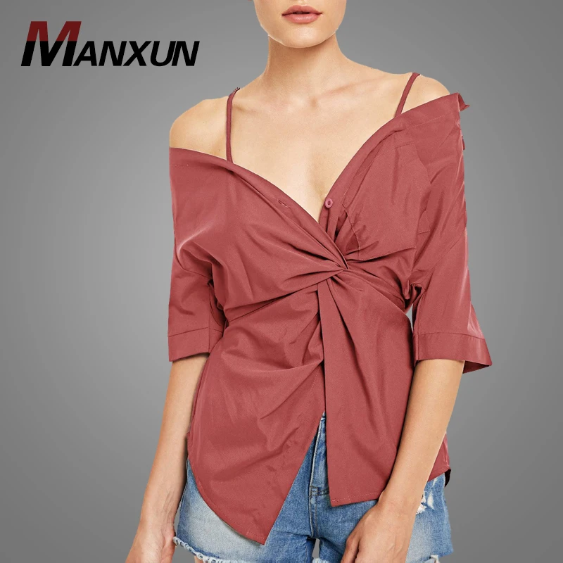 Latest Fashion Cold Shoulder Long Sleeve Blouse Twist Button Cami Women Blouse Top