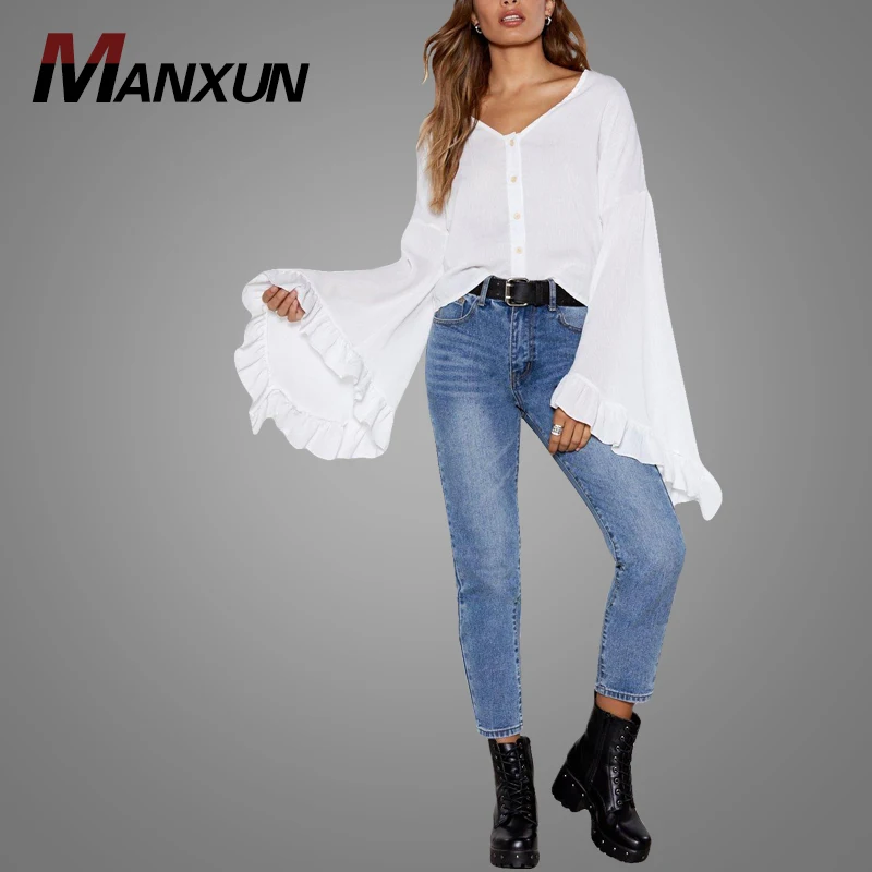 2018 Fashion Designs Ruffle Blouse Ladies Wholesale Cheap White Plain Tops Blouses