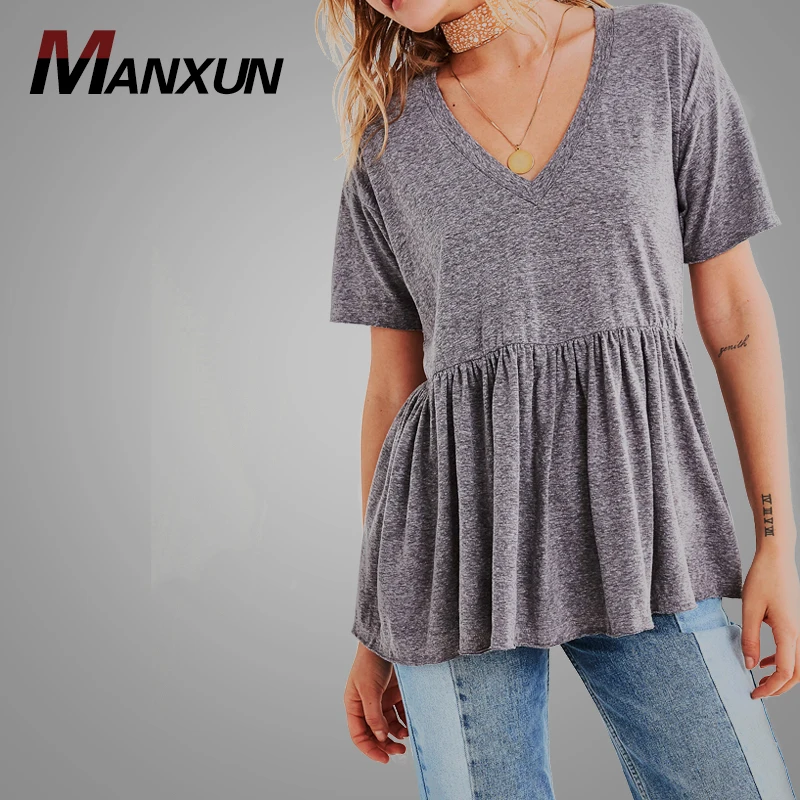 New Design  Womens Deeply V-Neck Babydoll Tee Summer Plain T shirts Custom Casual Women T shirt