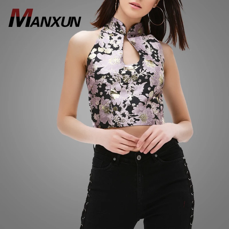 New Arrival Sleeveless cheongsam Design Top Flora Jacquard Sexy Ladies Blouse