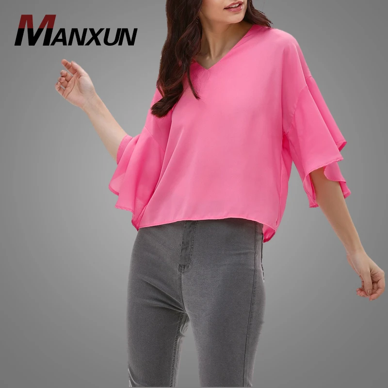 Wholesale V-Neck Flared Sleeve Top Chiffon Women Casual Blouse 2018