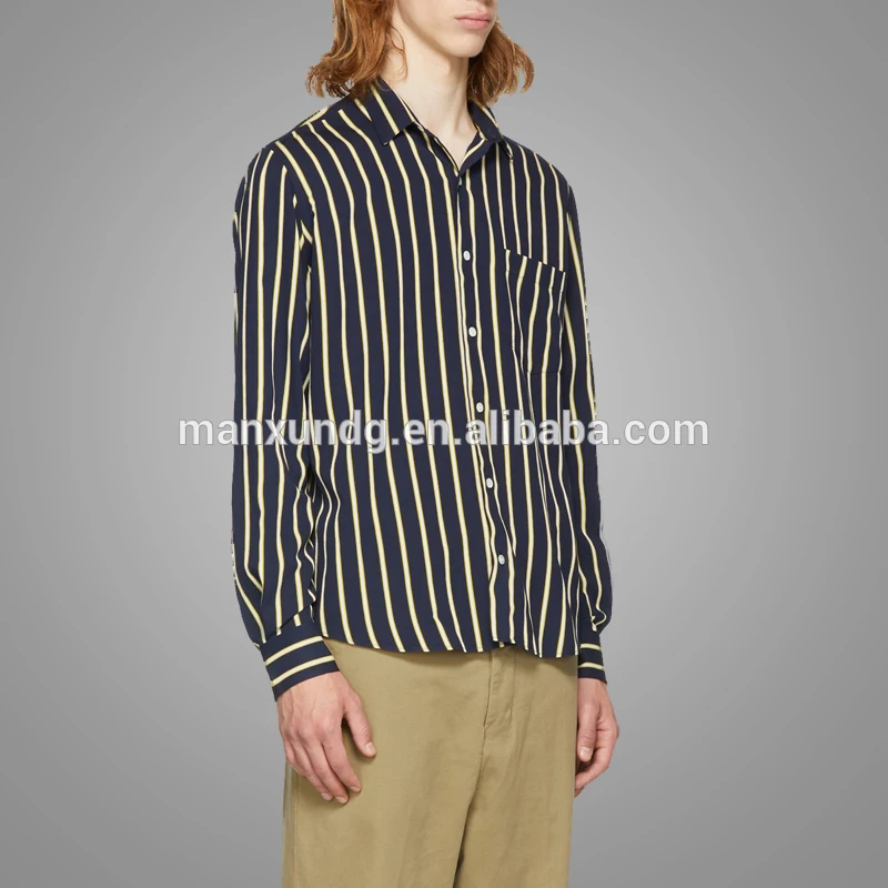 Top Fashion Yellow And Navy Striped Mens Casual Shirts 2018 3