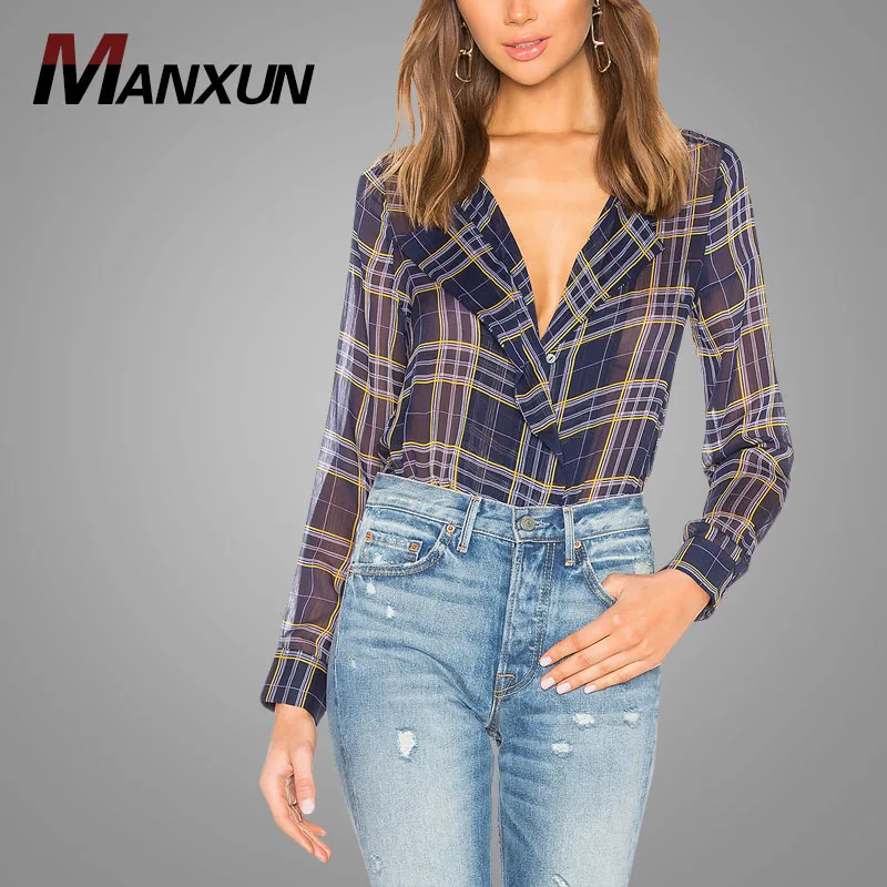 Latest Design Plaid V-neck Sexy Women Top Custom Fashion Elegant Womens Tops Blouses 2018