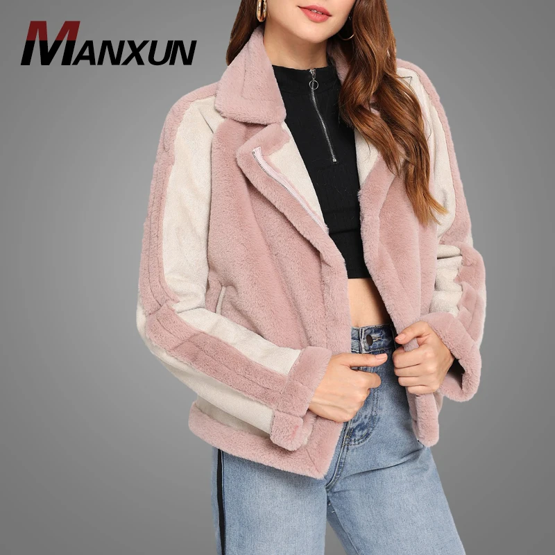 OEM Design Pink Leather And Faux Fur Jacket Women Coat Bomber Women Winter Thick Coat